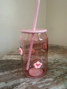 Dollar tree viral Pink hibiscus Floral Glass Tumbler with Lid & Straw